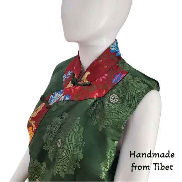 Handmade Tibetan | Women's Silk Vest | Green Damask Red Trim | Small - Picture 3 of 6